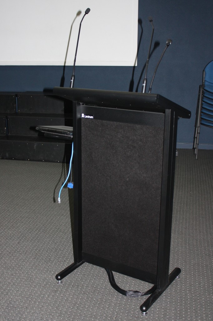 Lectrum L20S lectern with fold out shelf, microphone mixer & light