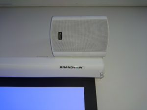 The Grandview projector screen and classroom speakers