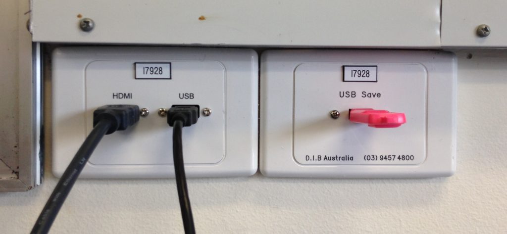 USB wall plate, HDMI input and USB Save plate at Caulfield Grammar School