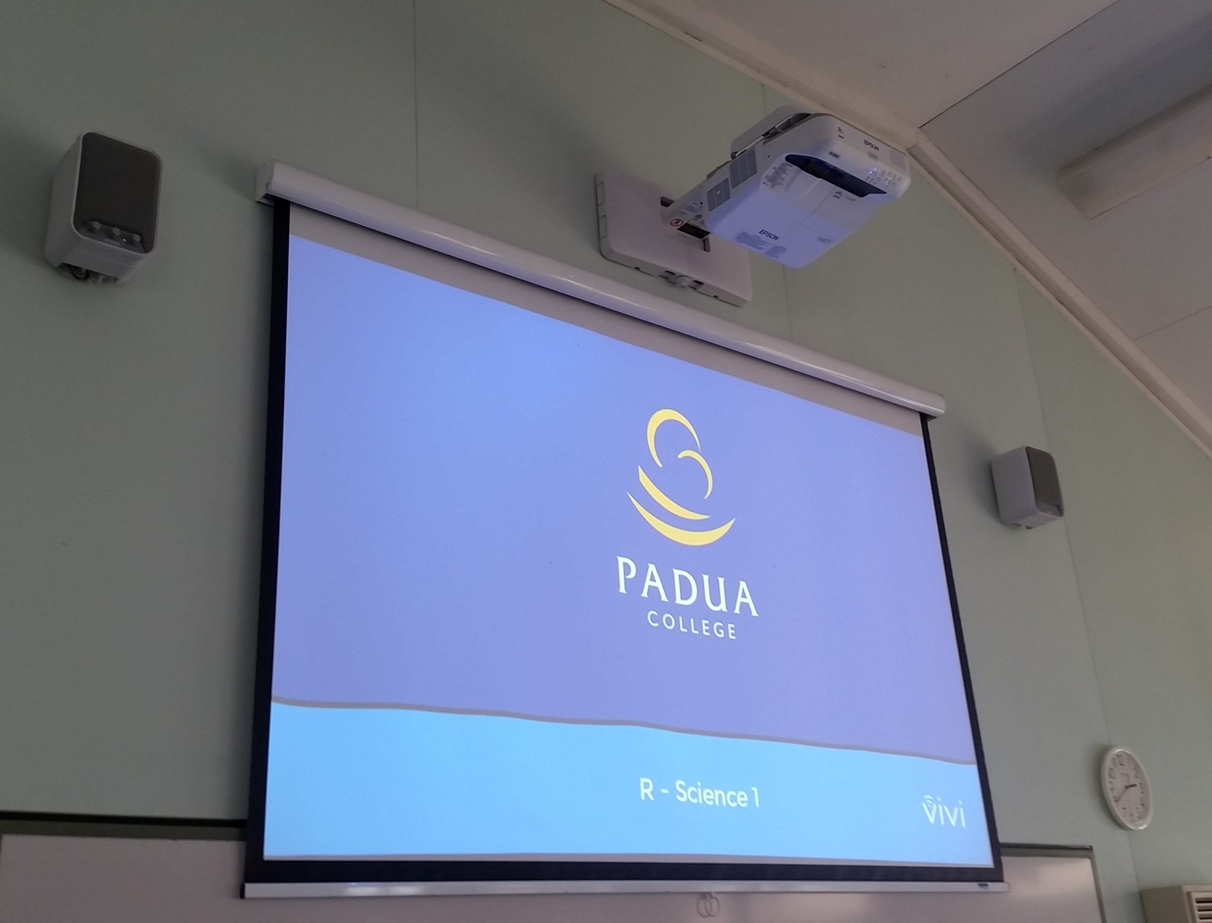 EPSON EB-685W Ultra Short Throw projector and EPSON 30 Watt external powered speaker system at Padua College