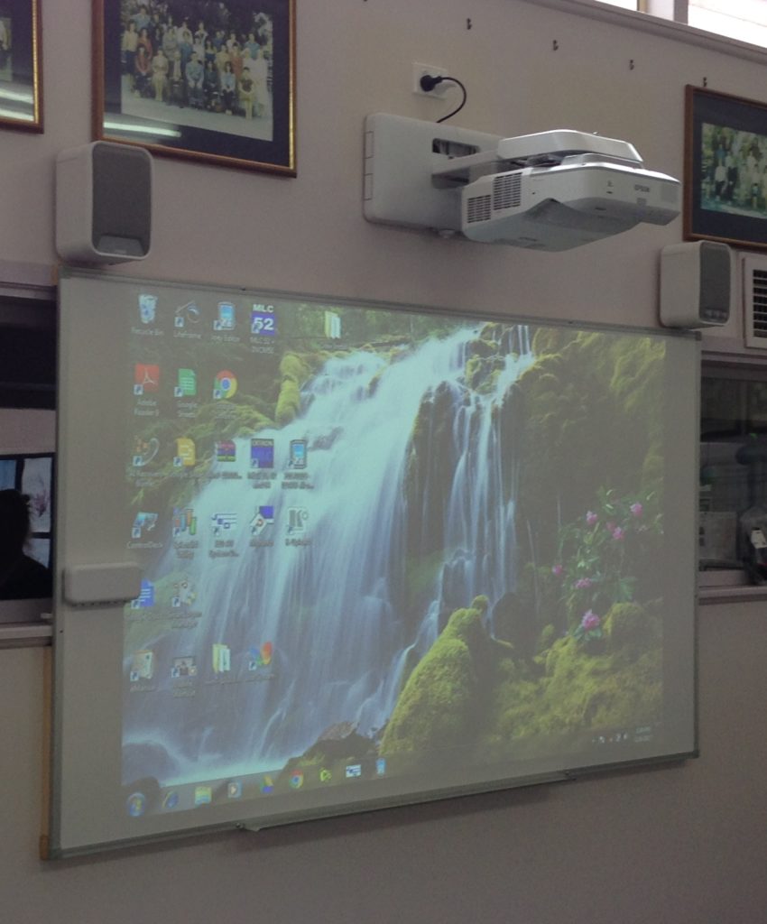 EPSON EB-685Wi Ultra Short Throw Interactive Projector, EPSON speaker system and low-gloss vitreous enamel whiteboard at Beverley Hills PS