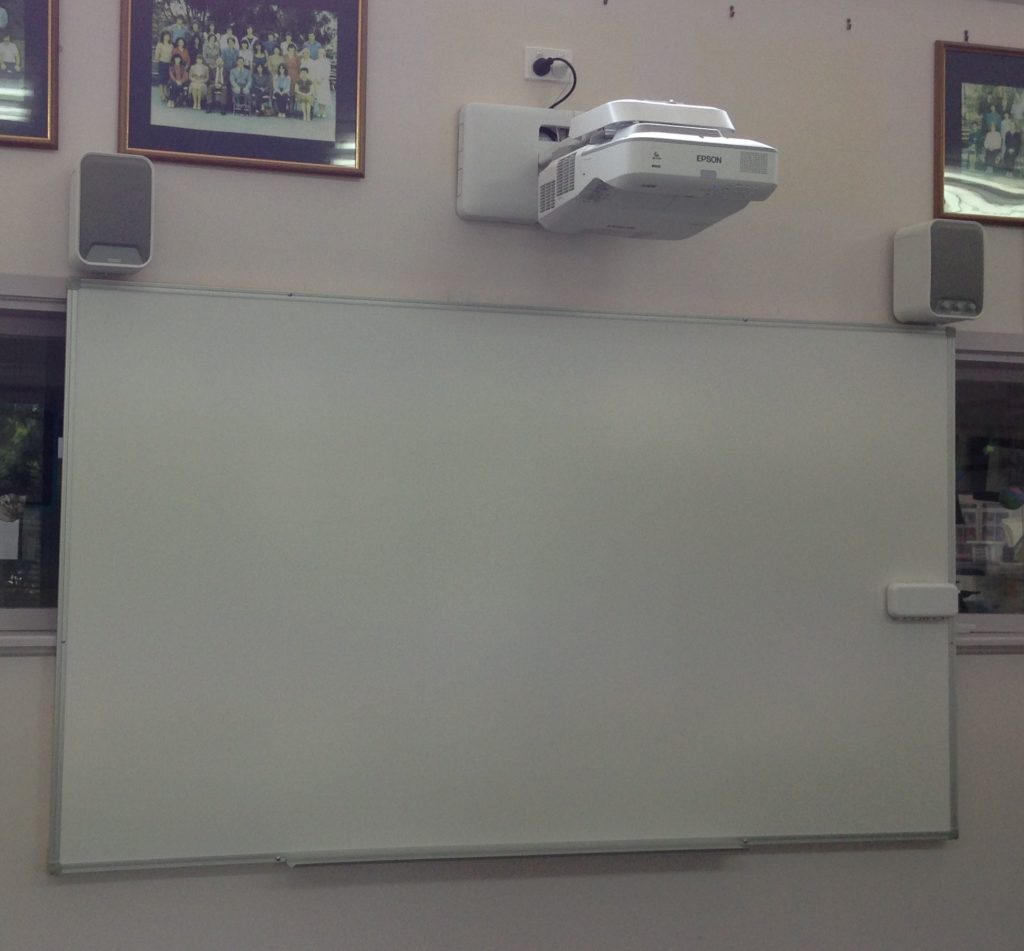EPSON EB-685Wi Ultra Short Throw Interactive Projector, EPSON speaker system and low-gloss vitreous enamel whiteboard at Beverley Hills PS