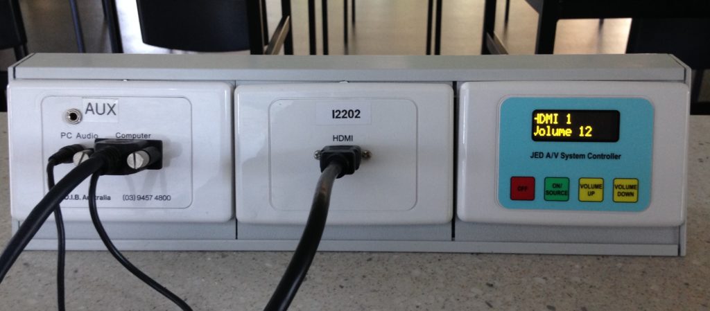 Audio/VGA and HDMI input, and JED four button control panel at Kingswood College