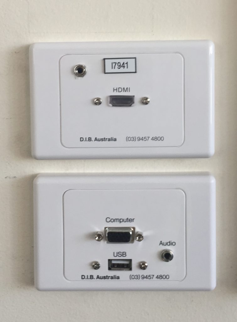 HDMI, VGA/audio, and USB input plate connections at OACC