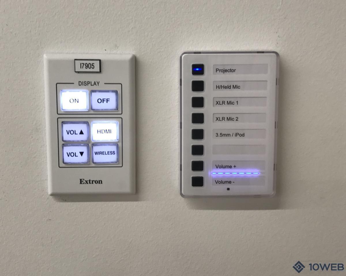  ICON audio wall control panel and Extron MLC55 wall control panel at PLC